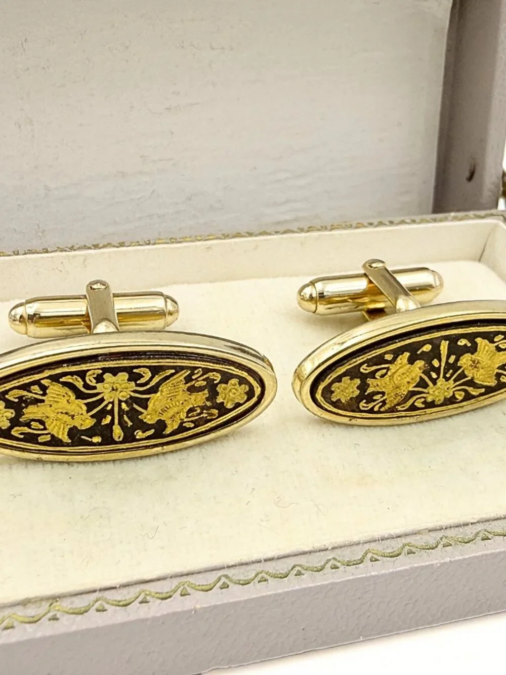 Anson Signed Damascene Toledo Vintage Elongated Gold Plated Cufflinks